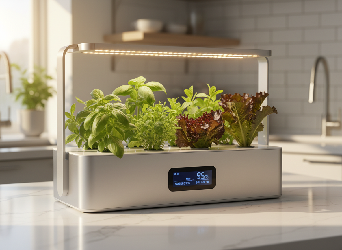 Indoor smart garden system on a kitchen counter