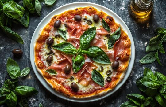 Homemade pizza with basil