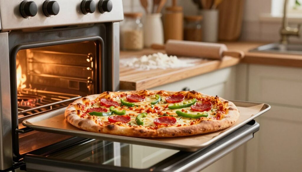 High heat oven baking a crispy crust on preheated sheet pan High heat oven baking a crispy crust on preheated sheet pan