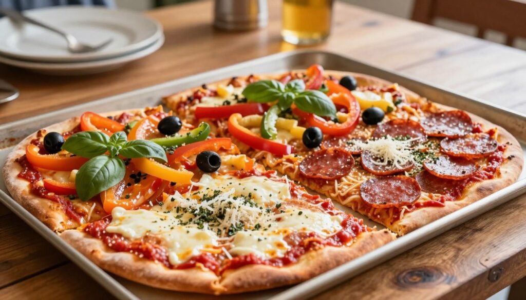 Sheet pan divided into classic family pizza topping zones Sheet pan divided into classic family pizza topping zones